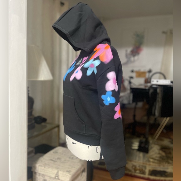 NWT Girl’s Size 14 Adidas Aura Flower Print Pullover Hoodie In Black/Multicolors - Picture 7 of 12